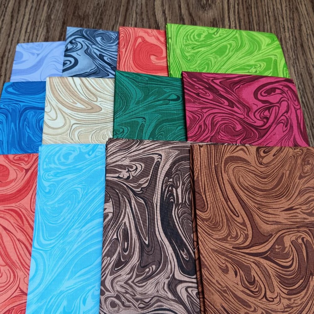 12 Assorted Marbled Fat Quarters, Green, Tans, Blues, Pinks New Fabric